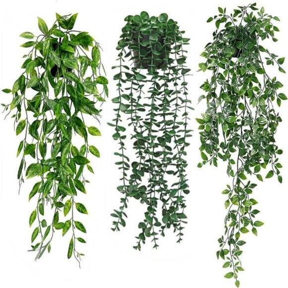 Set of 3 artificial hanging plants faux eucalyptus greenery indoor home decor - Picture 1 of 7